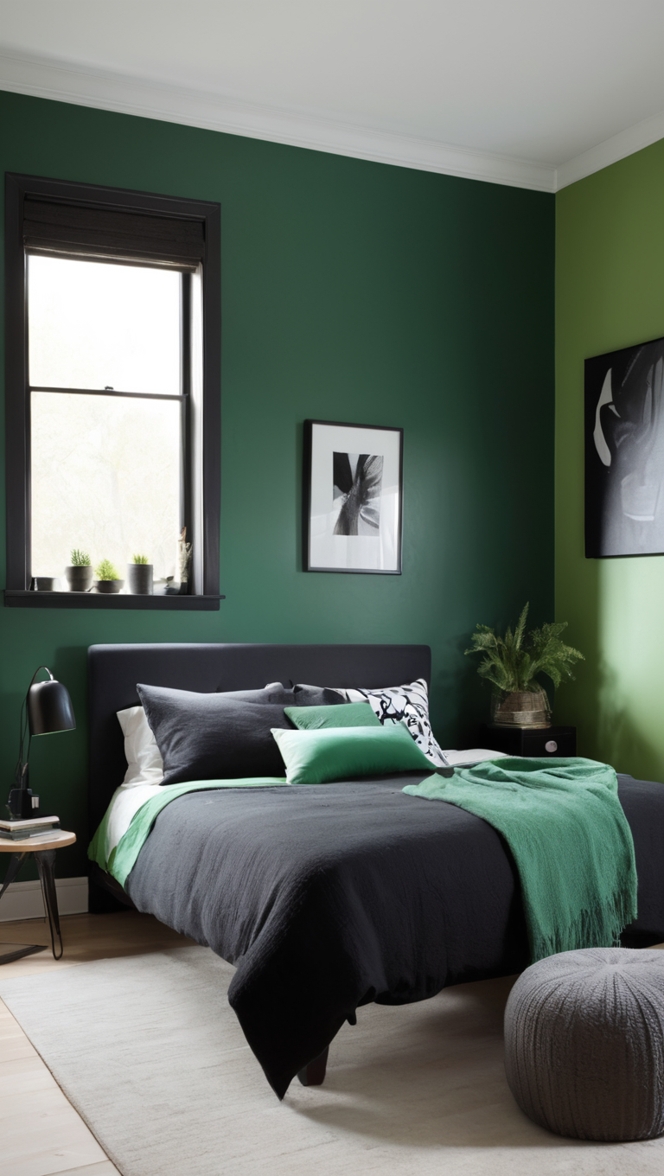 black and green bedding , green and black curtains , black and green wall art , dark green bedding , emerald green bedding