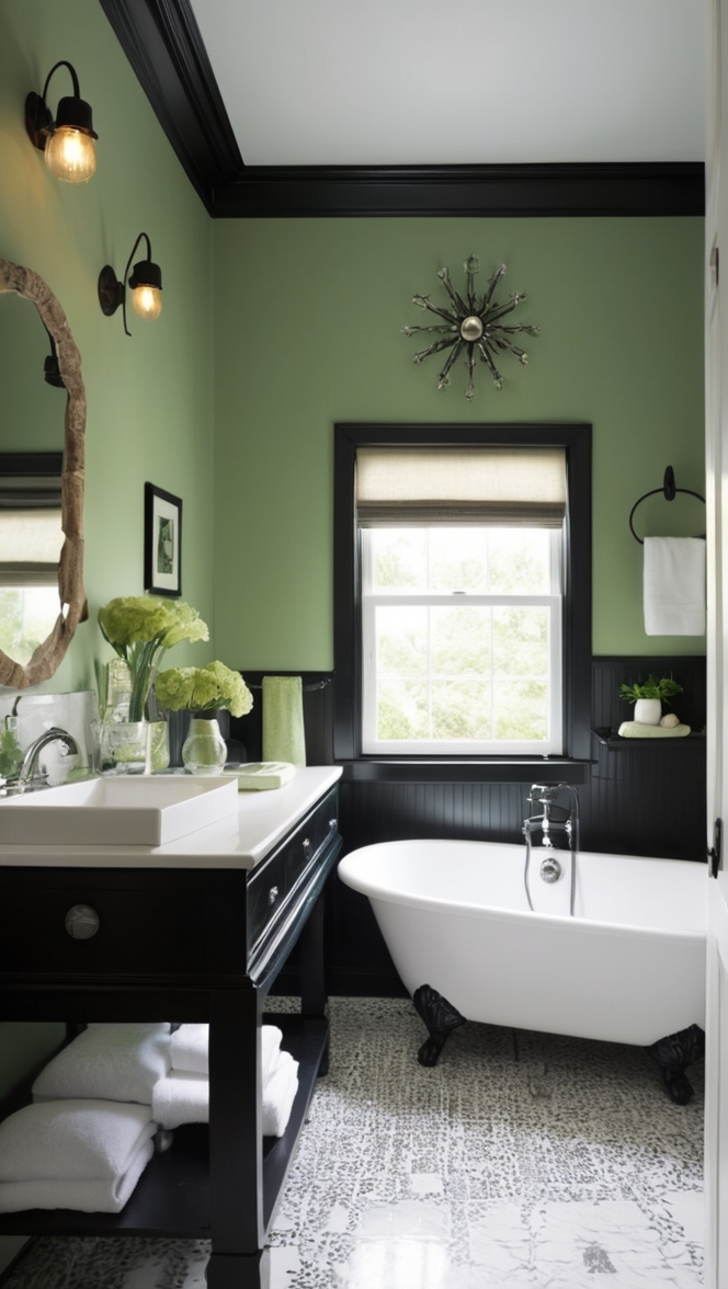 dark green bathroom, black bathroom decor, elegant monochrome bathroom, luxury bathroom design, sophisticated dark green tiles