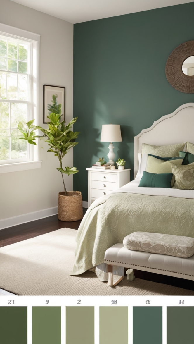 dark green room decor, deep green bedroom, emerald green bedroom ideas, forest green walls, hunter green bedding