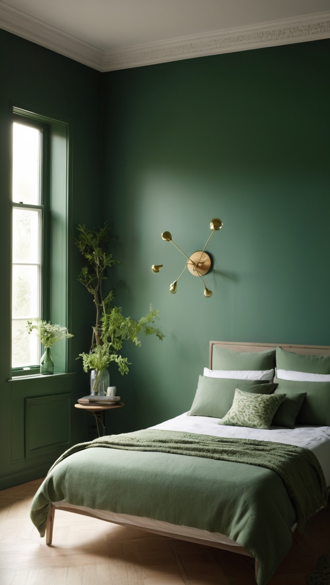 dark green room decor, deep green bedroom, emerald green bedroom ideas, forest green walls, hunter green bedding