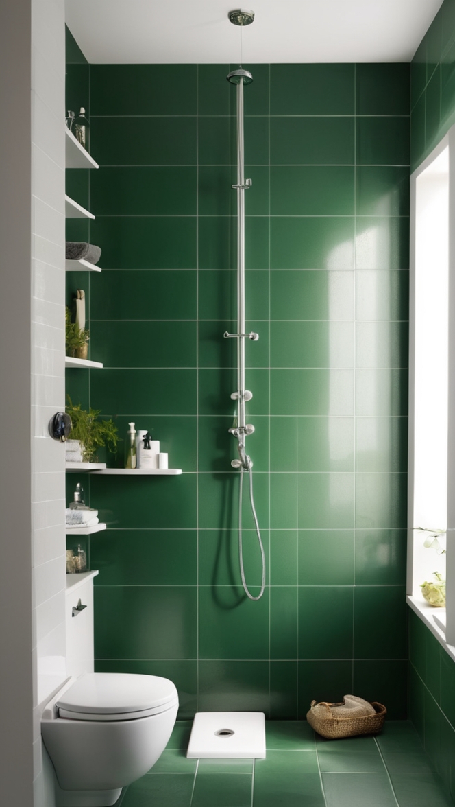 Dark green bathroom tiles, Green tile shower, Green floor tile bathroom, Emerald green bathroom tiles, Dark green ceramic tile