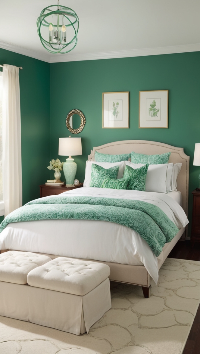 emerald green paint,  emerald green bedding, emerald green curtains, emerald green decor, emerald green furniture