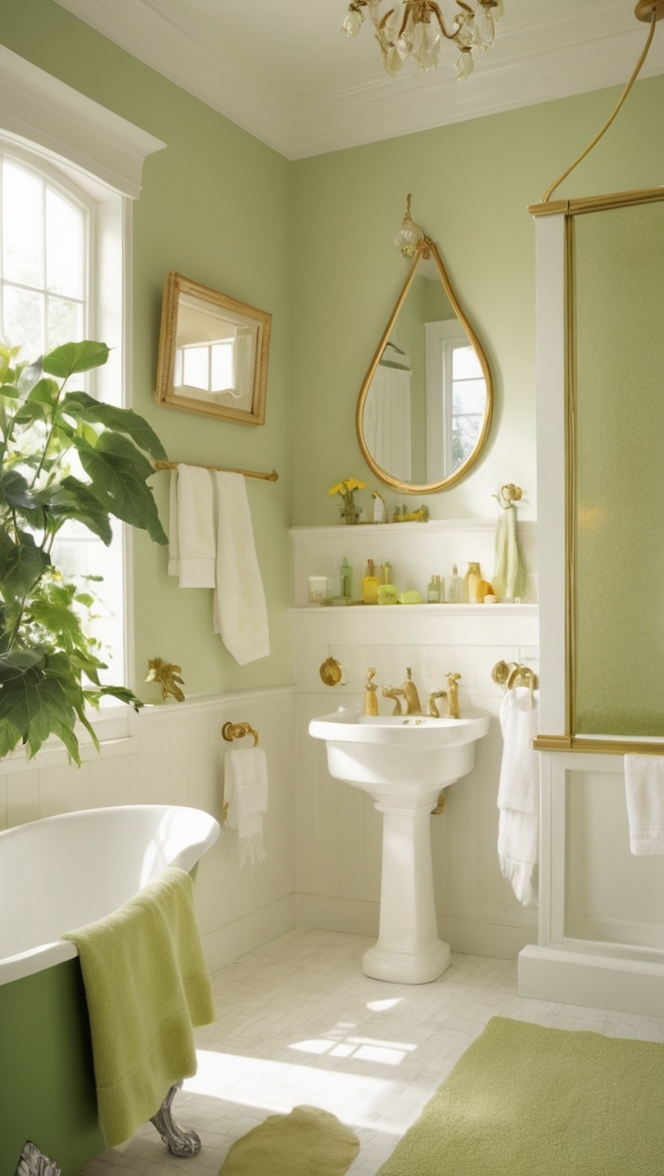 green bathroom decor, gold bathroom accessories, luxury bathroom design, elegant bathroom fixtures, custom bathroom renovation