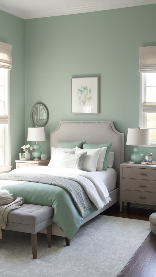 green and grey decor, green and grey interior design, green and grey color scheme, green and grey bedroom ideas, green and grey bedroom decor