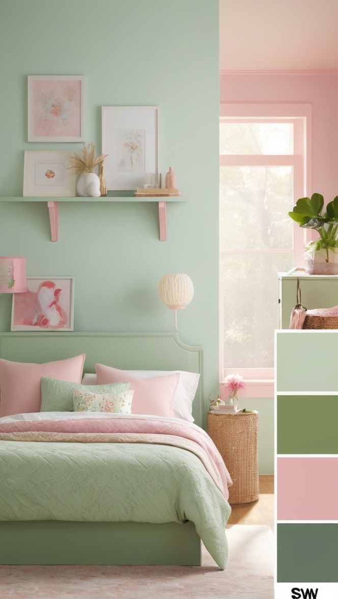 green and pink decor, pink and green bedding, green and pink walls, pink and green furniture, green and pink color scheme