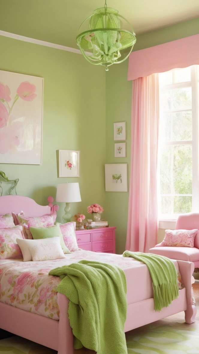 green and pink decor, pink and green bedding, green and pink walls, pink and green furniture, green and pink color scheme