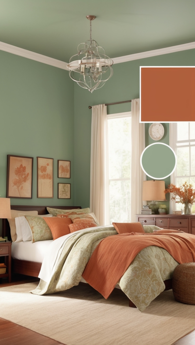 green paint colors, terracotta decor, modern bedroom design, earthy bedroom color, nature-inspired bedroom