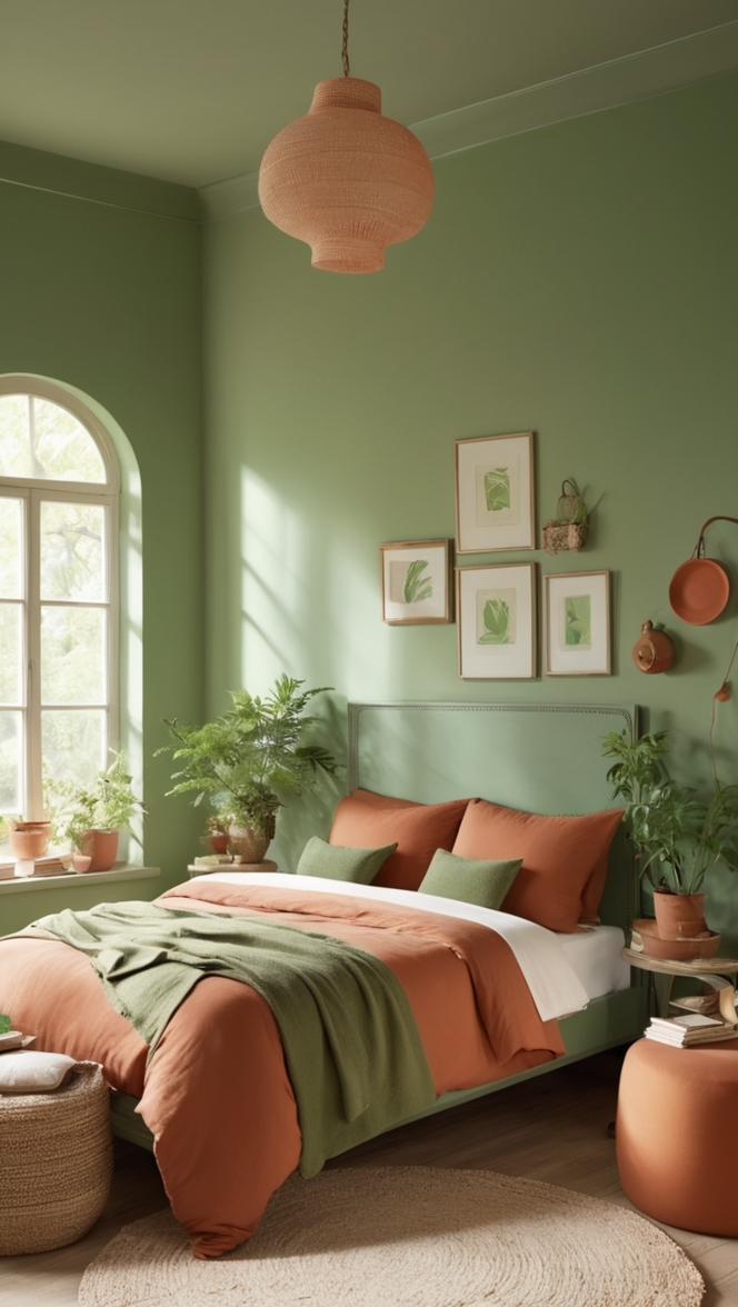 green paint colors, terracotta decor, modern bedroom design, earthy bedroom color, nature-inspired bedroom
