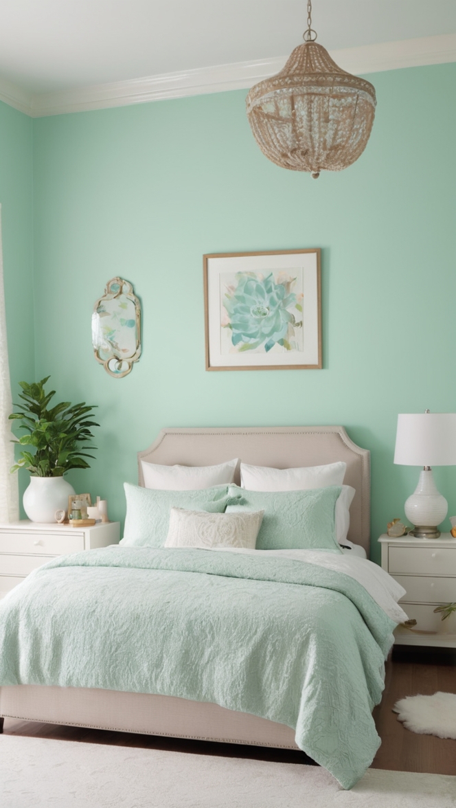 mint green comforter, mint green curtains, mint green bedding, mint green decor, mint green paint