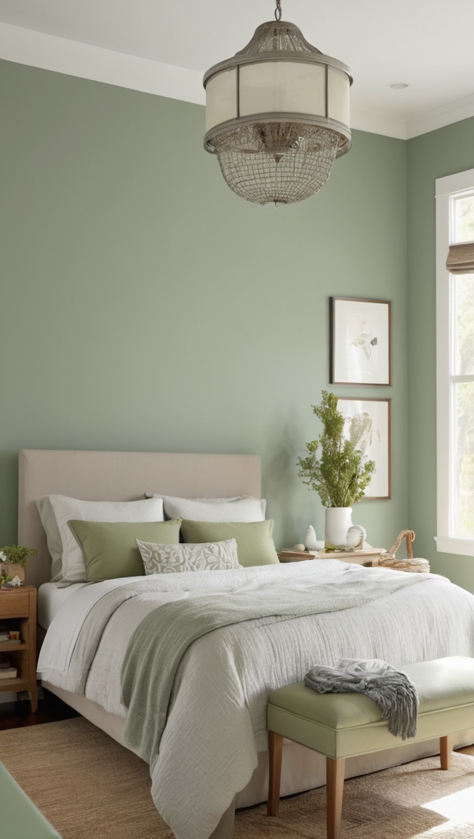 sage green paint,
sage green bedroom ideas,
sage green walls,
grey and green bedroom,
sage green bedding