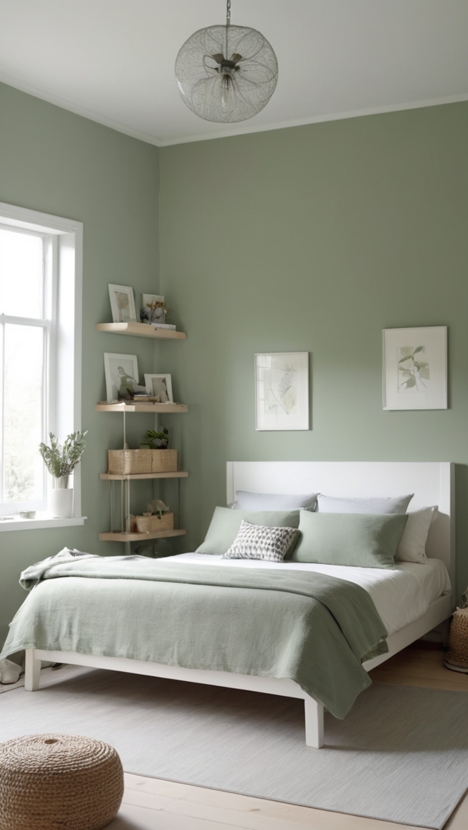 sage green paint, sage green bedroom ideas, sage green walls, grey and green bedroom, sage green bedding