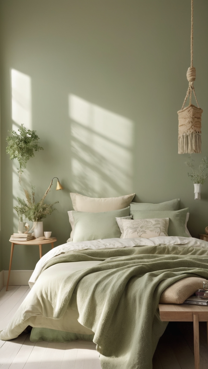 beige bedroom decor, sage green bedding, neutral bedroom colors, earth tone bedroom, cozy bedroom design