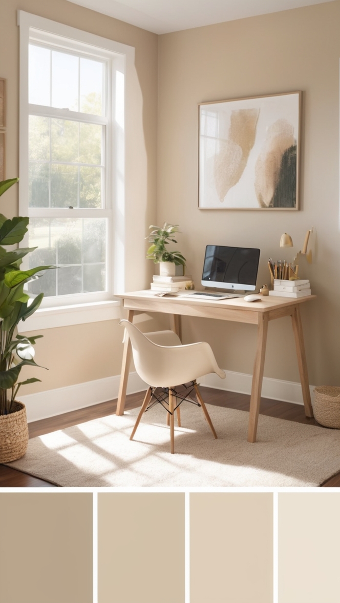 beige office decor, beige aesthetic, home office design, cozy workspace, minimalist office