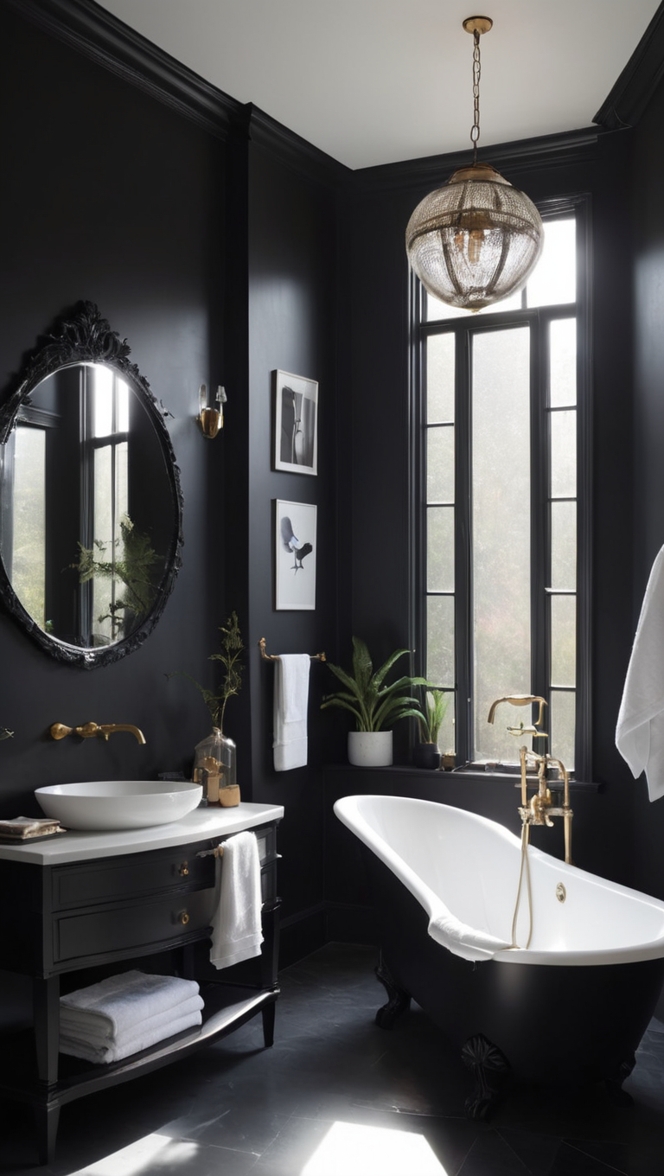 modern black bathroom design, luxury black bathroom ideas, sleek black bathroom decor, minimalist black bathroom accessories, elegant black bathroom vanity