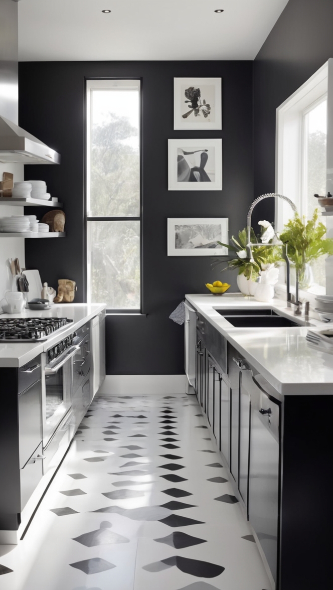 black and white kitchen decor, modern black and white kitchen, monochrome kitchen design, black and white kitchen remodeling, stylish black and white kitchen