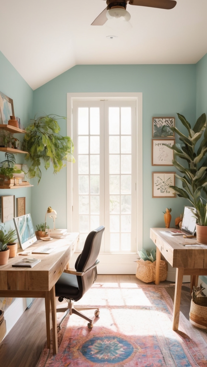 boho home office decor, boho workspace design, trendy home office setup, modern bohemian office, chic boho work space