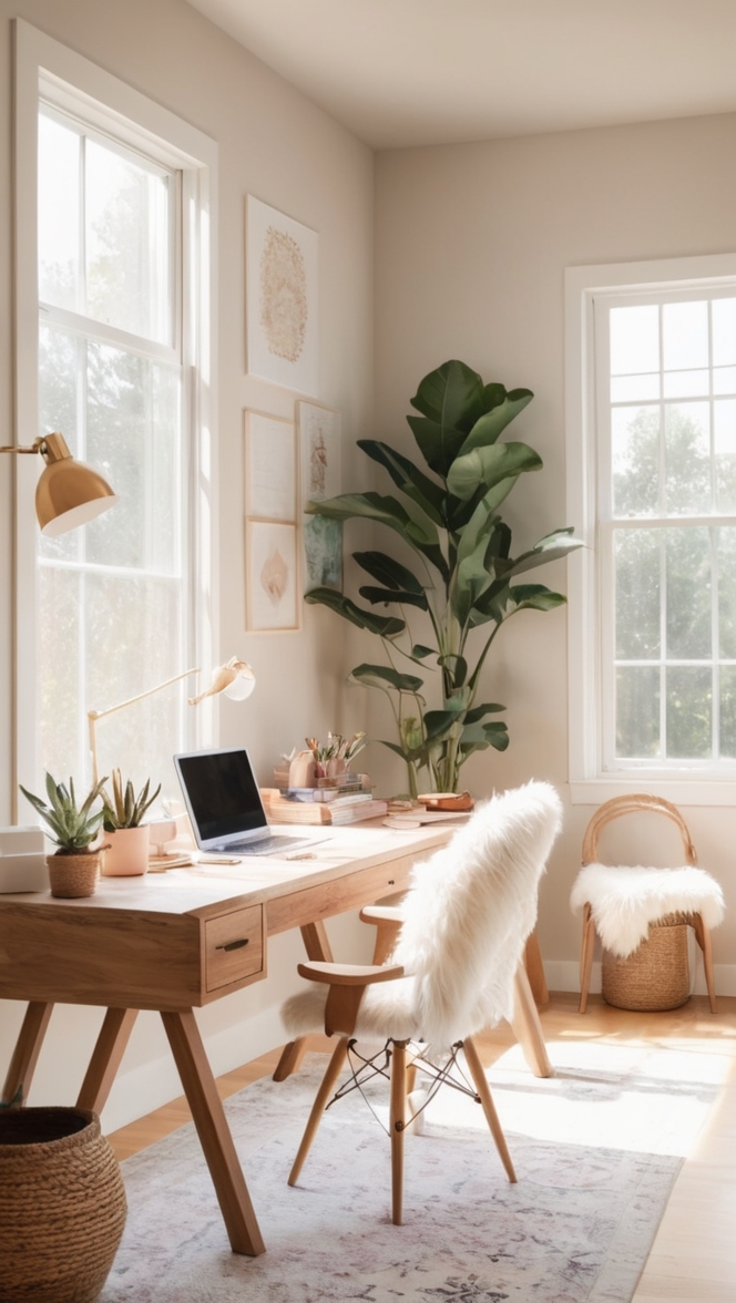 boho home office decor, boho workspace design, trendy home office setup, modern bohemian office, chic boho work space