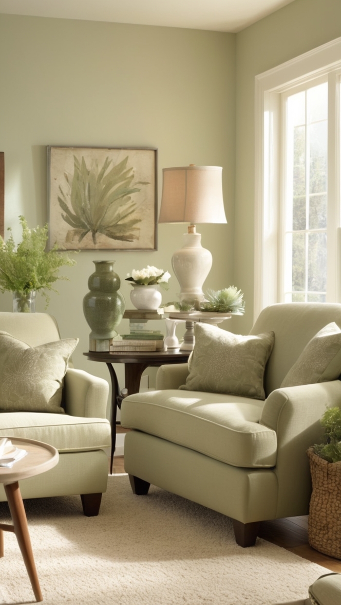 cream colored sofa, sage green furniture, cozy living room decor, elegant home design, modern interior styling