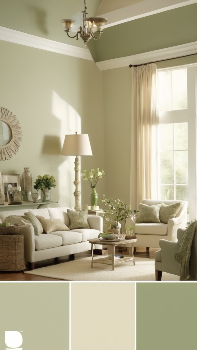 cream colored sofa, sage green furniture, cozy living room decor, elegant home design, modern interior styling