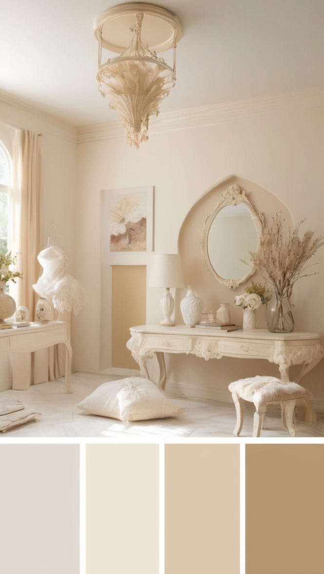 beige cream paint color, neutral cream wallpaper, ivory cream couch, off-white cream rug, creamy white decor