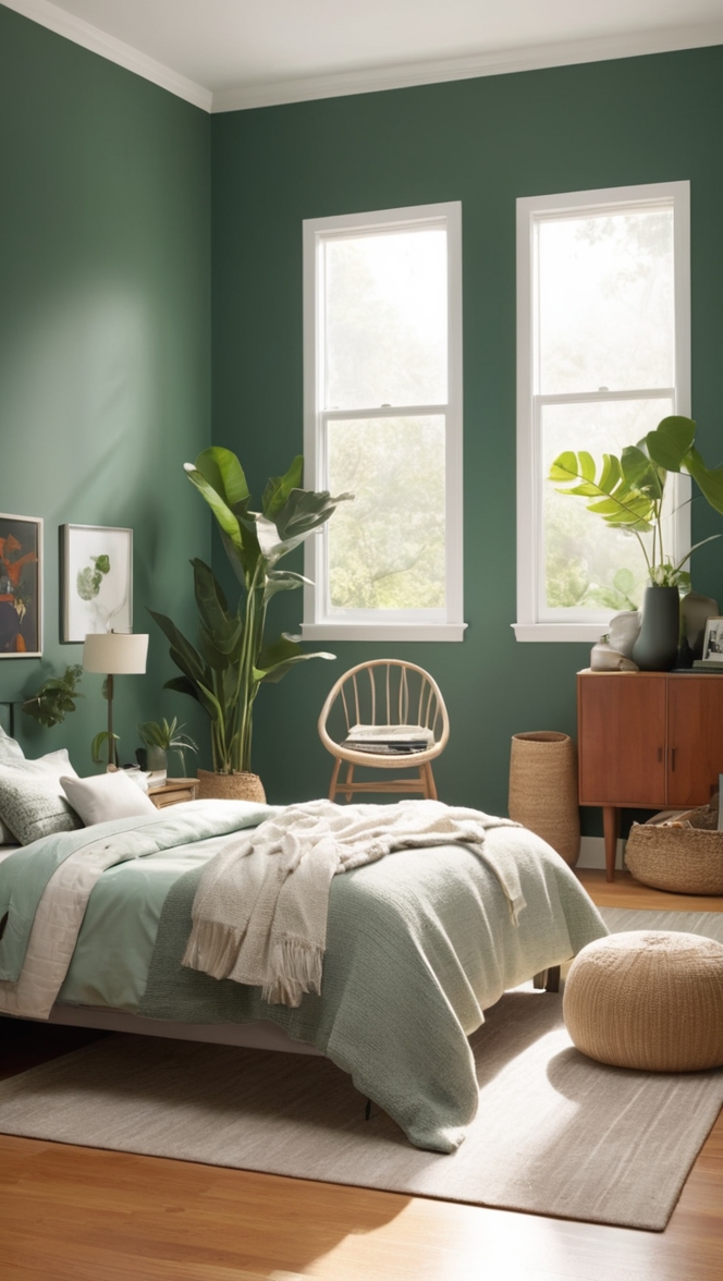 green velvet bedspread, dark botanical wallpaper, emerald green throw pillows, hunter green curtains, pine green accent wall