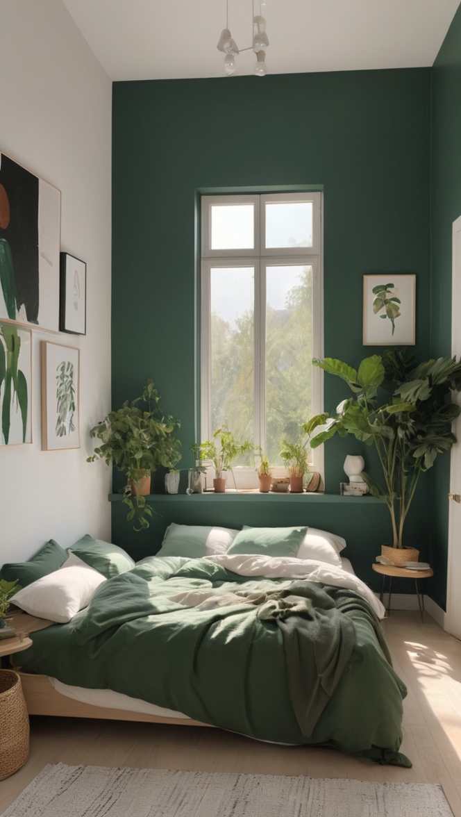 green velvet bedspread, dark botanical wallpaper, emerald green throw pillows, hunter green curtains, pine green accent wall