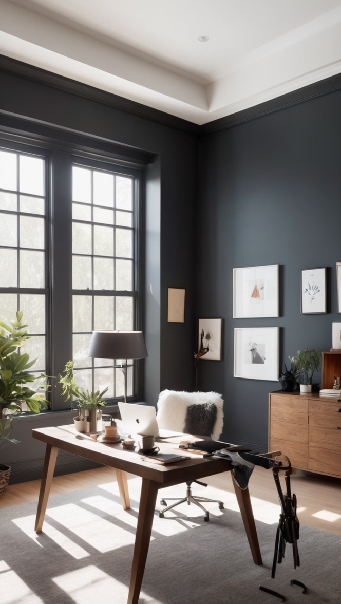 dark home office decor, modern office design, minimalist office furniture, stylish home workspace, scandinavian office interior