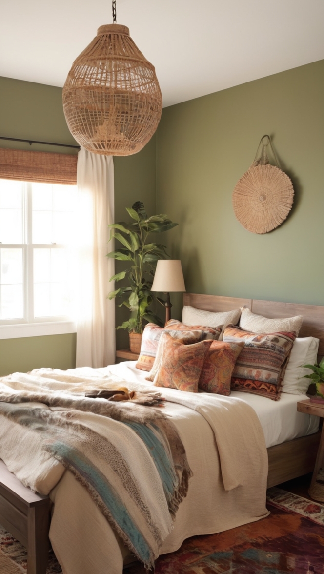 bohemian decor, natural bedroom, earthy design, cozy home, rustic chic