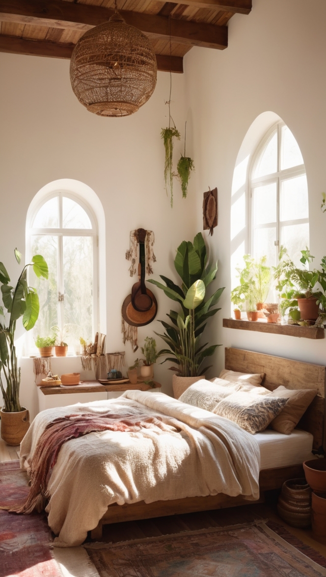 bohemian decor, natural bedroom, earthy design, cozy home, rustic chic