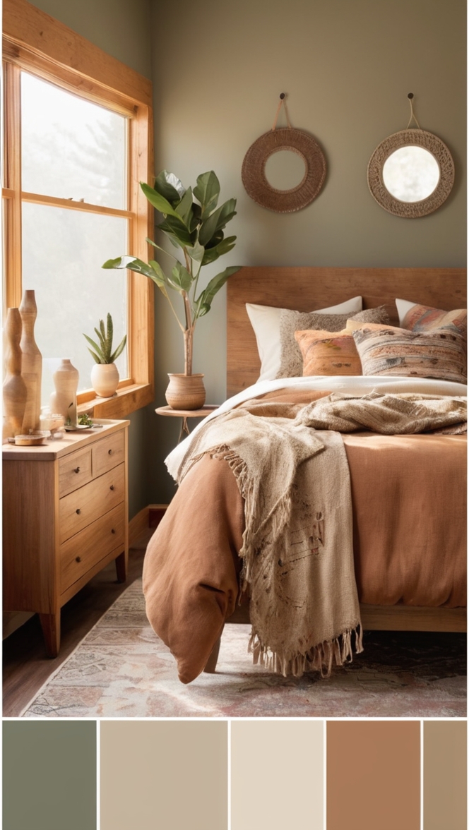 earthy paint colors, boho bedroom decor, natural color palette, organic paint shades, rustic chic color scheme