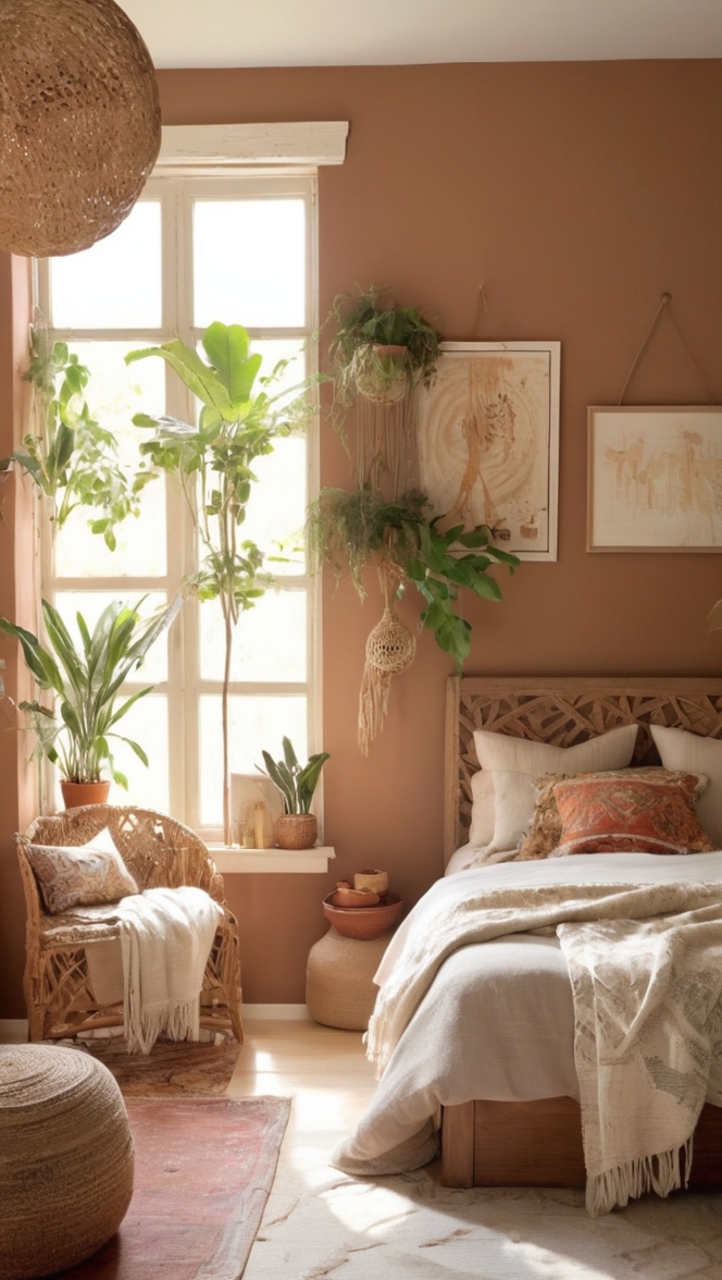 earthy paint colors, boho bedroom decor, natural color palette, organic paint shades, rustic chic color scheme