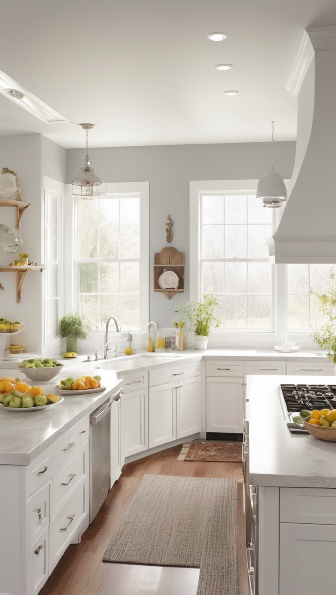 grey kitchen cabinets, white kitchen backsplash, modern kitchen design, farmhouse kitchen decor, quartz kitchen countertops