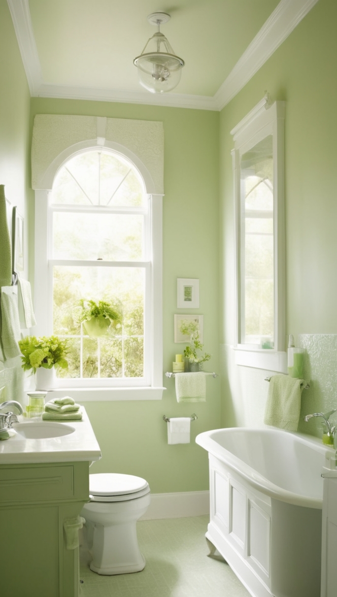How would I decorate a green and white bathroom to create a fresh and modern look? ?