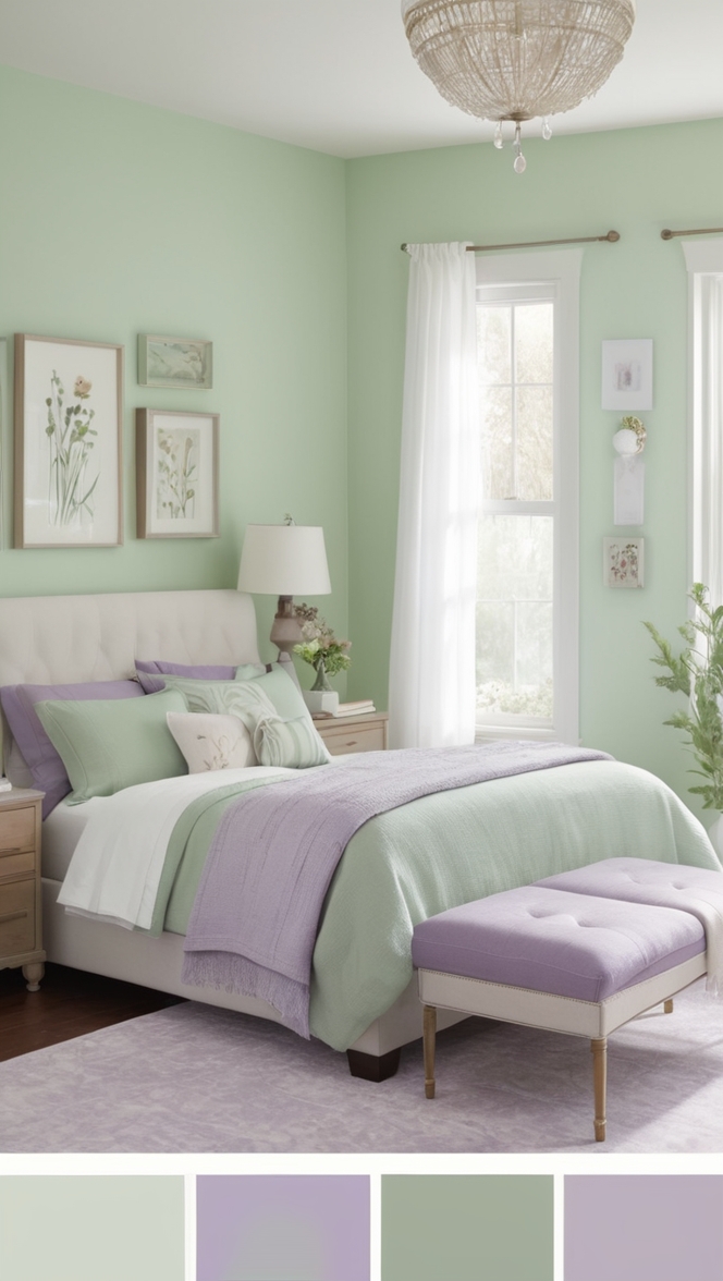 bedroom design ideas, green bedroom decor, lavender room decor, bedroom color schemes, interior design bedroom