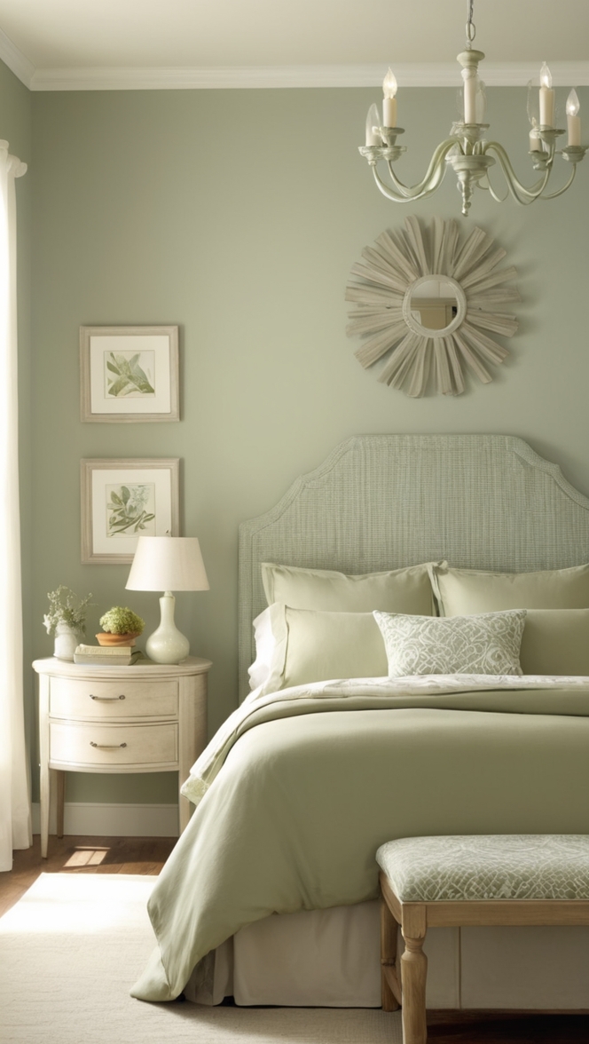 sage green paint, sage green walls, sage green decor, sage green bedding, sage green curtains