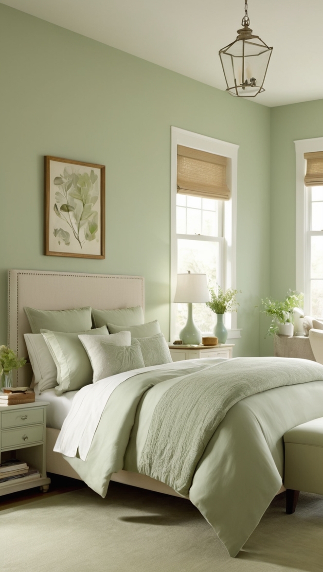 sage green paint, sage green walls, sage green decor, sage green bedding, sage green curtains