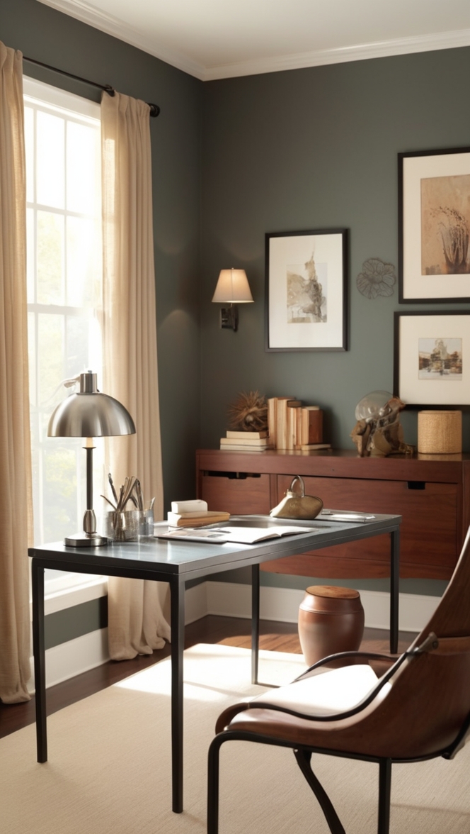 masculine office decor, home office design, stylish workspace setup, modern executive desk, contemporary office furniture