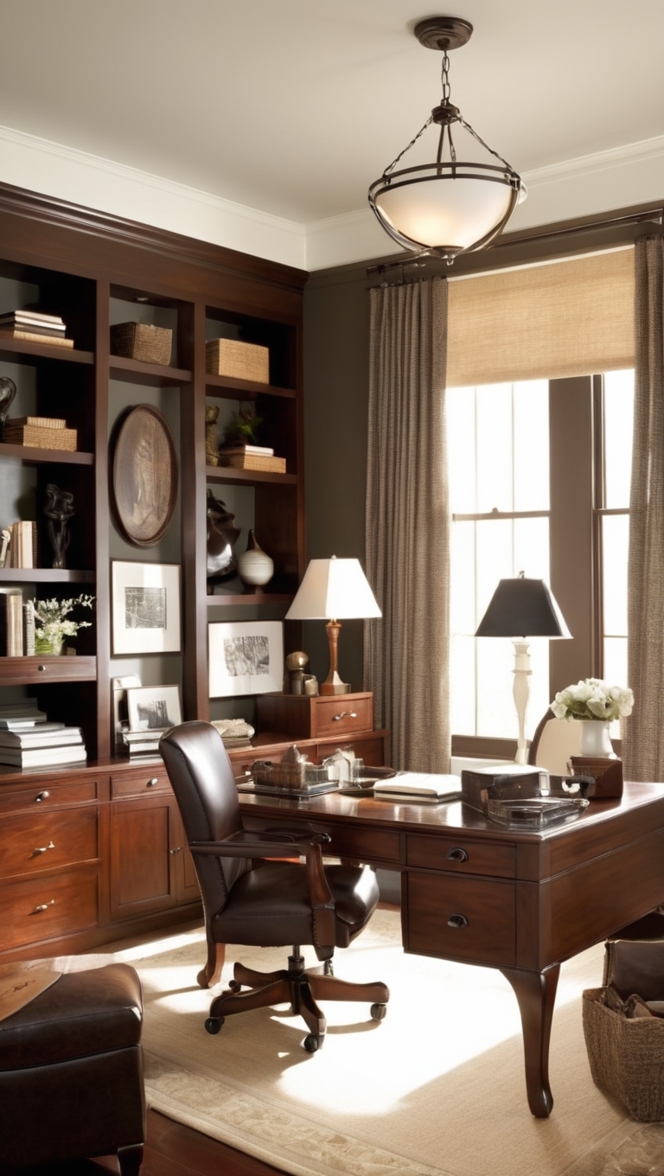 masculine office decor, stylish home office, men's workspace, modern office design, executive office setup