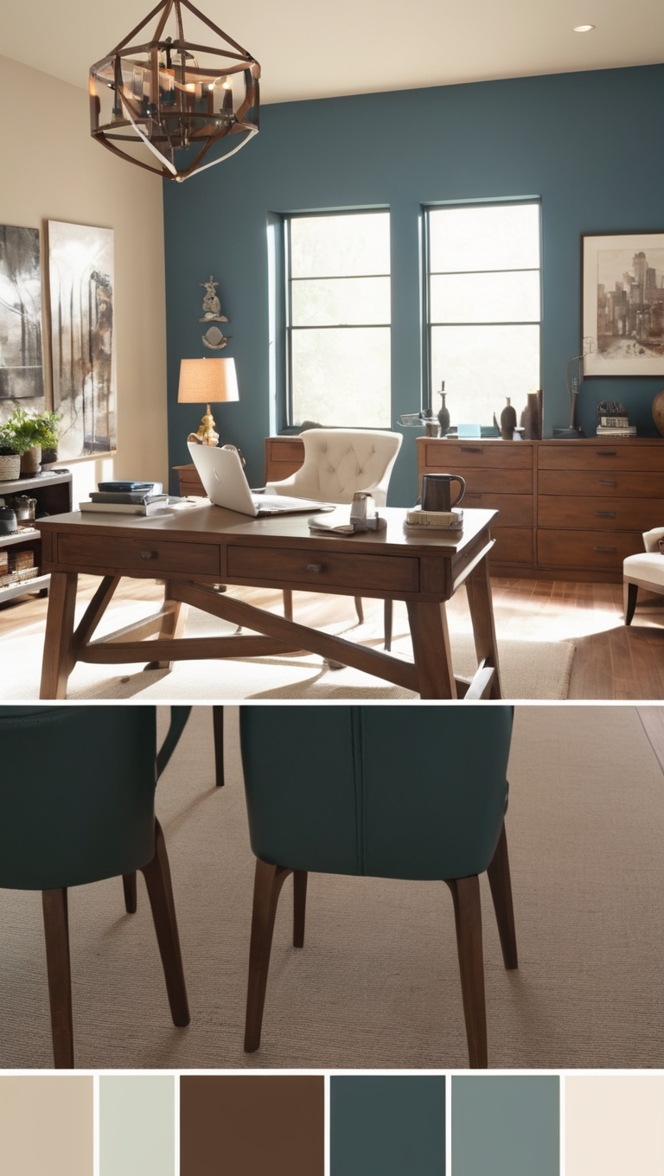 home office decor, masculine office design, industrial home office, moody workspace, modern office furniture