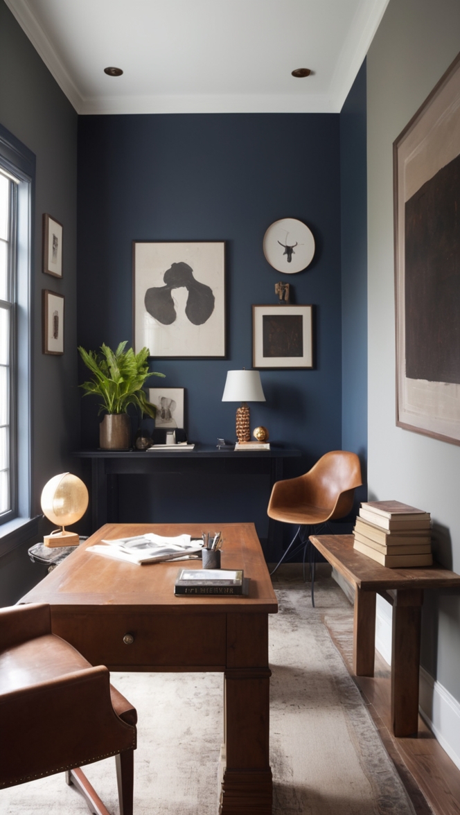 home office decor, masculine office design, industrial home office, moody workspace, modern office furniture