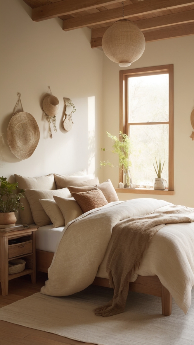 natural bedroom decor, earthy bedroom design, eco-friendly bedding, sustainable furniture, organic cotton sheets