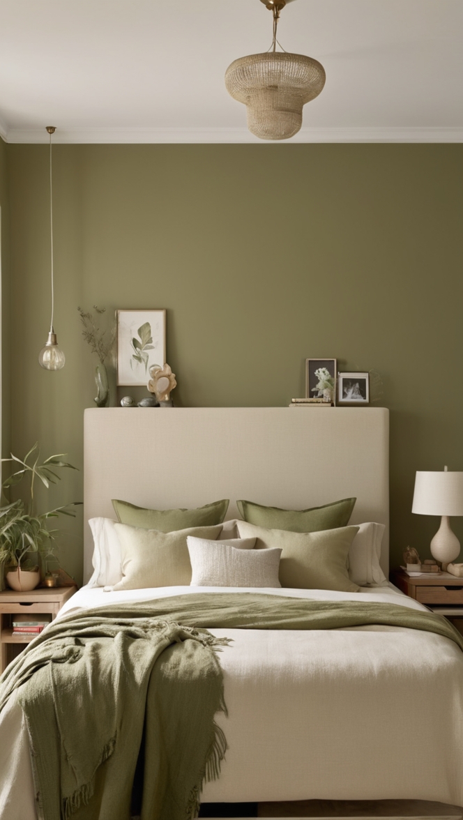 olive green paint, beige bedding, bedroom decor, neutral color scheme, accent wall