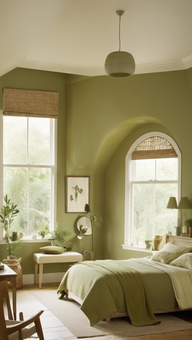 olive paint, olive green walls, olive decor, green bedroom, olive bedding