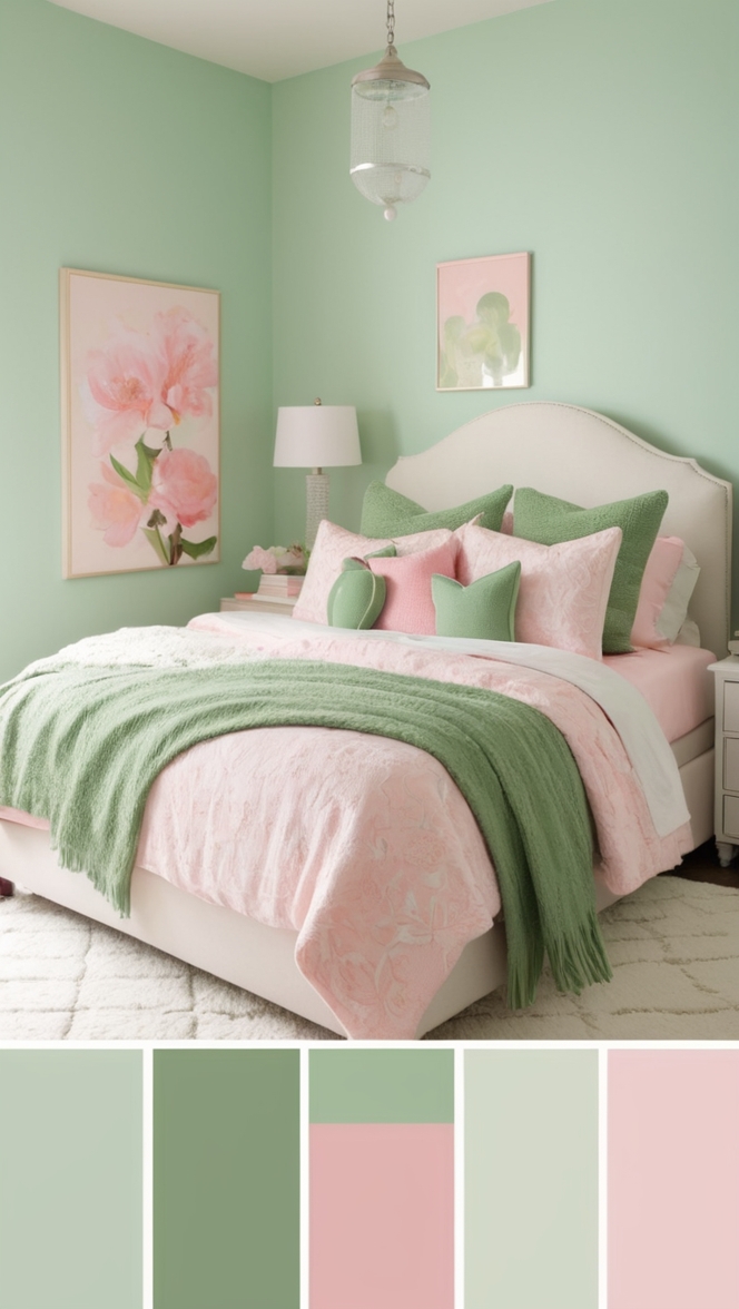 pink bedroom decor, green bedroom ideas, pastel bedroom design, modern bedroom interior, vintage bedroom inspiration