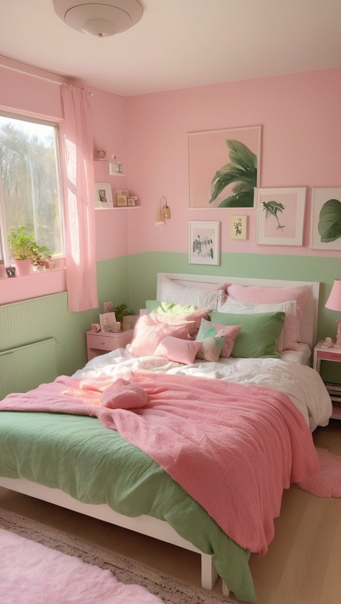 pink bedroom decor, green bedroom ideas, pastel bedroom design, modern bedroom interior, vintage bedroom inspiration