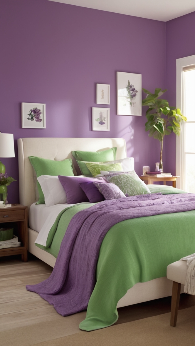 purple and green decor, purple and green color scheme, purple and green bedroom ideas, purple and green interior design, purple and green bedroom theme