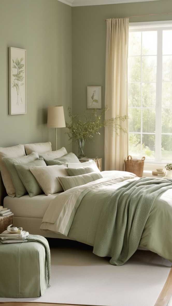 sage green bedroom decor, beige bedroom design, neutral bedroom ideas, elegant bedroom color scheme, calming bedroom palette