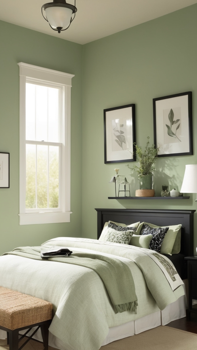sage green decor, black accent wall, elegant bedroom design, luxurious bedding set, cozy interior design