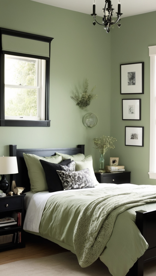 sage green decor, black accent wall, elegant bedroom design, luxurious bedding set, cozy interior design