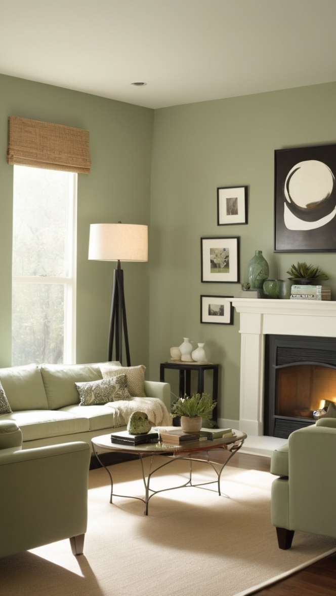 sage green sofa,
sage green walls,
sage green decor,
black accent furniture,
black and green color scheme